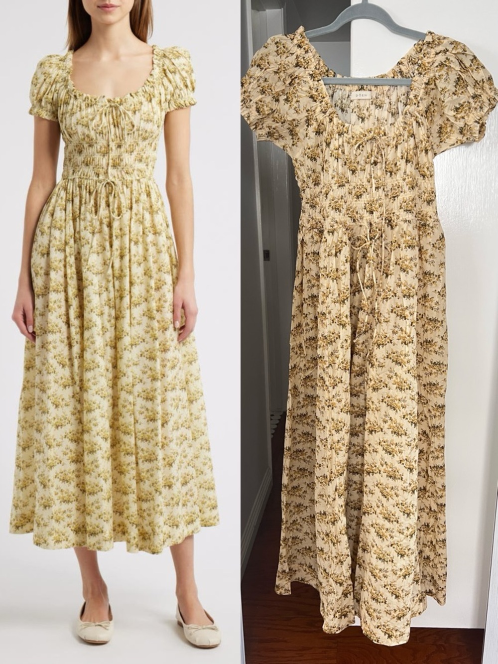 Doen Cream and Yellow Floral Smocked Midi Dress